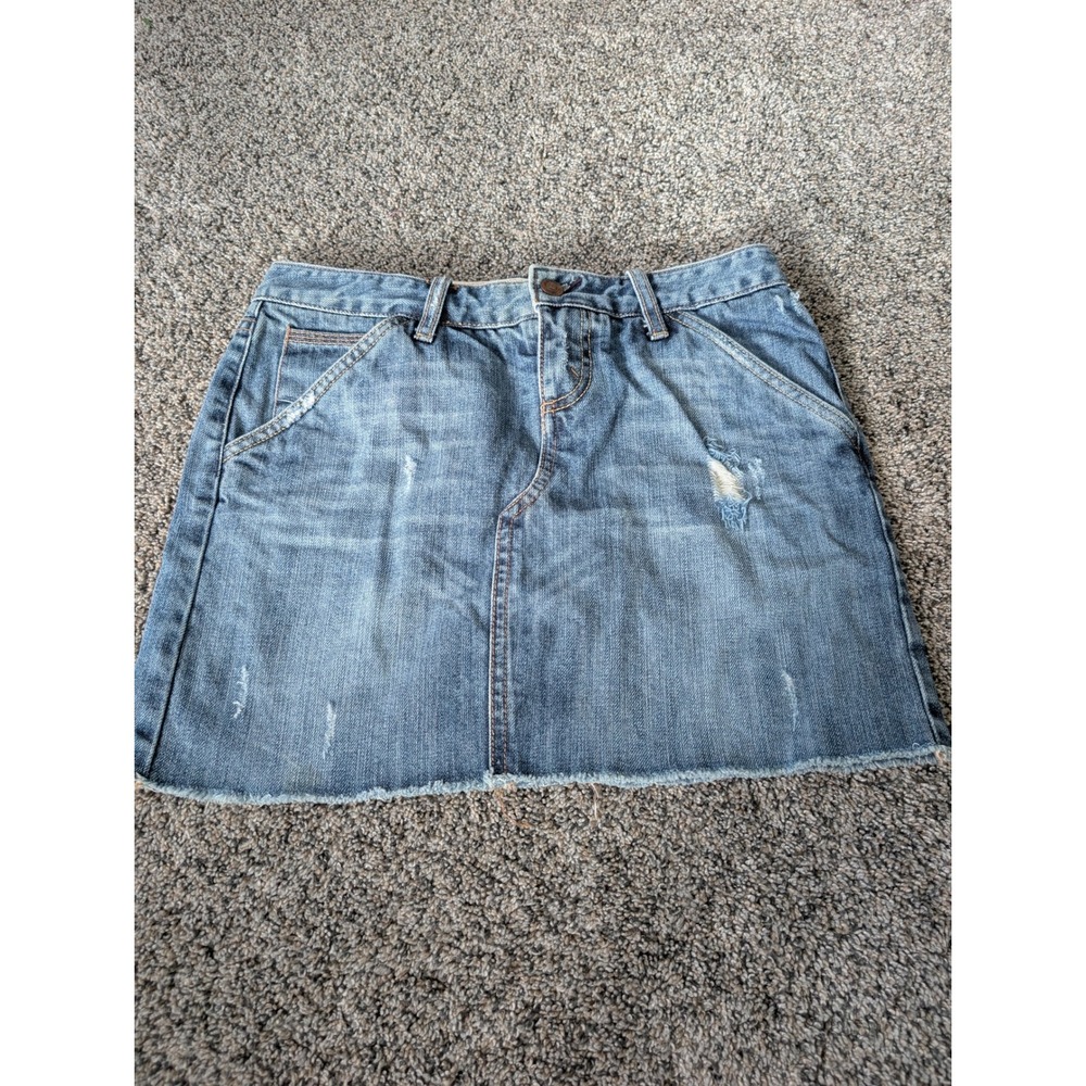 X2 Denim Laboratory Y2K Low Rise Distressed Mini Skirt Medium Wash Blue Size 2
